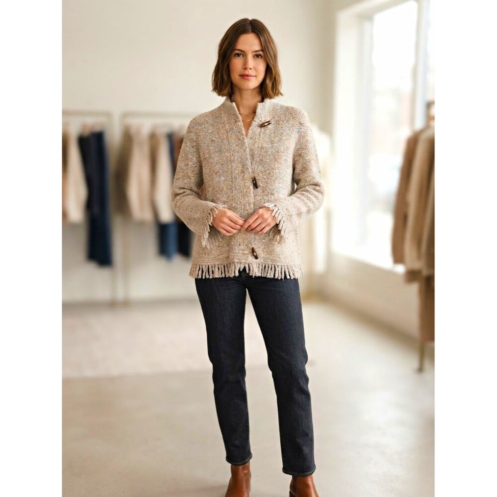 Beige Knit Button-Front Fringe Hem Cardigan Sweater Rustic Granola Natural Boho